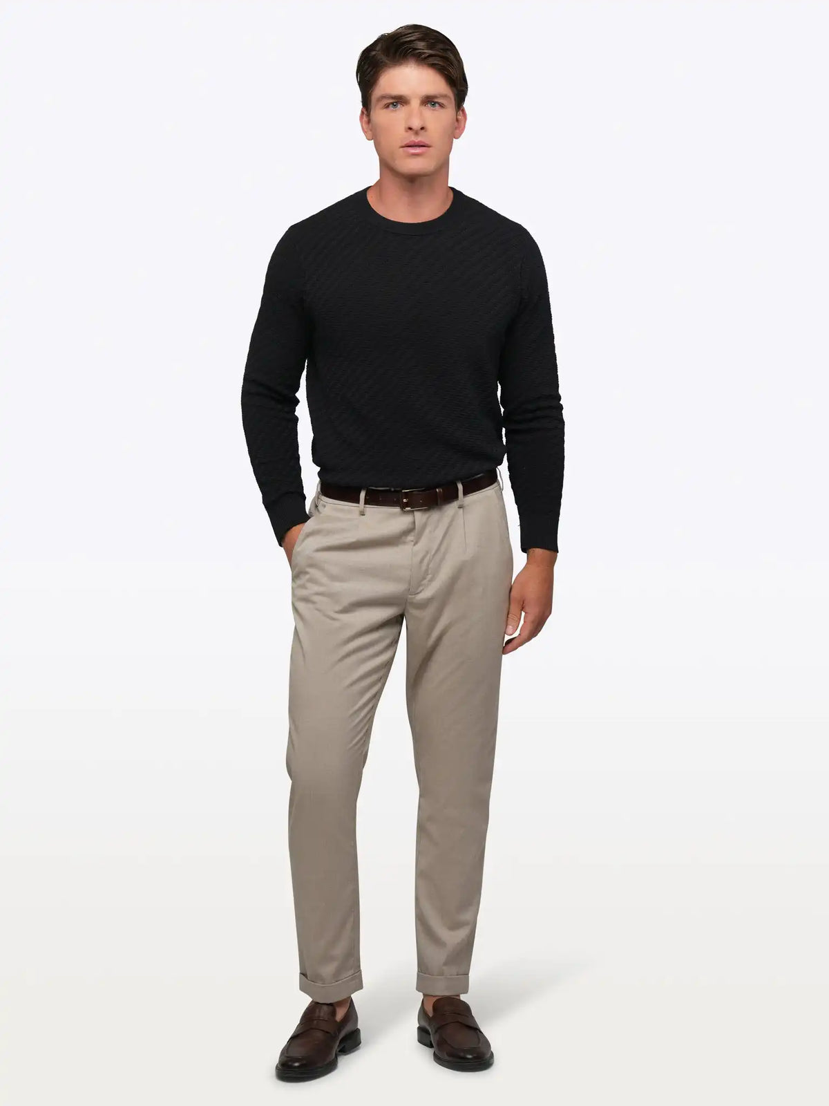 Riviera Knit Long Sleeve Textured Tee | Burnt Oak Signature-Fit