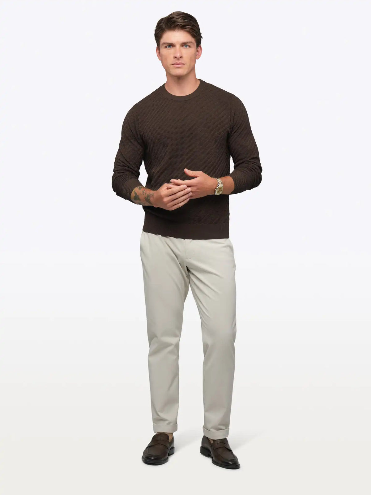 Riviera Knit Long Sleeve Textured Tee | Burnt Oak Signature-Fit