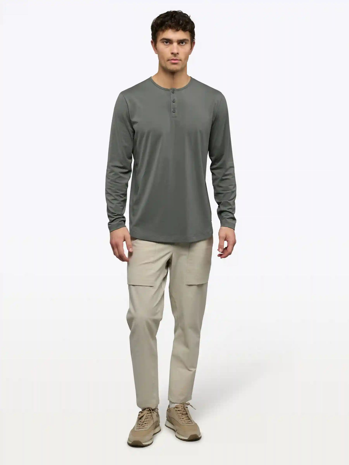 AO Long Sleeve Henley Curve-Hem Tee | Pure Cashmere Signature-Fit PYCA Pro®