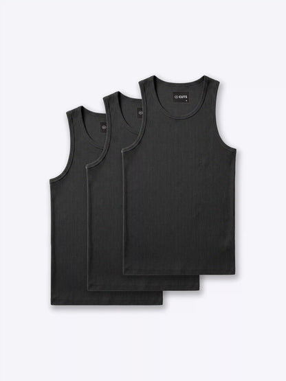 Essential Fitted Rib Tank 3 Pack | Black/White/Grey Form-Fitting