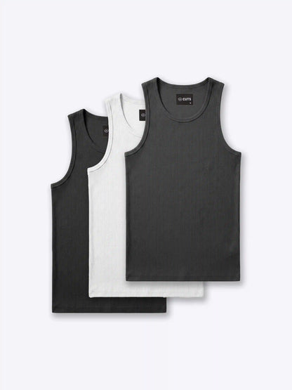 Essential Fitted Rib Tank 3 Pack | Black/White/Grey Form-Fitting