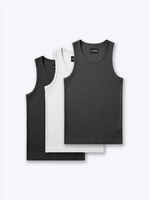 Essential Fitted Rib Tank 3 Pack | Black/White/Grey Form-Fitting