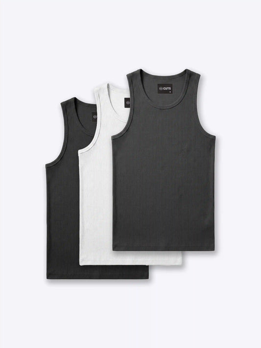 Essential Fitted Rib Tank 3 Pack | Black/White/Grey Form-Fitting
