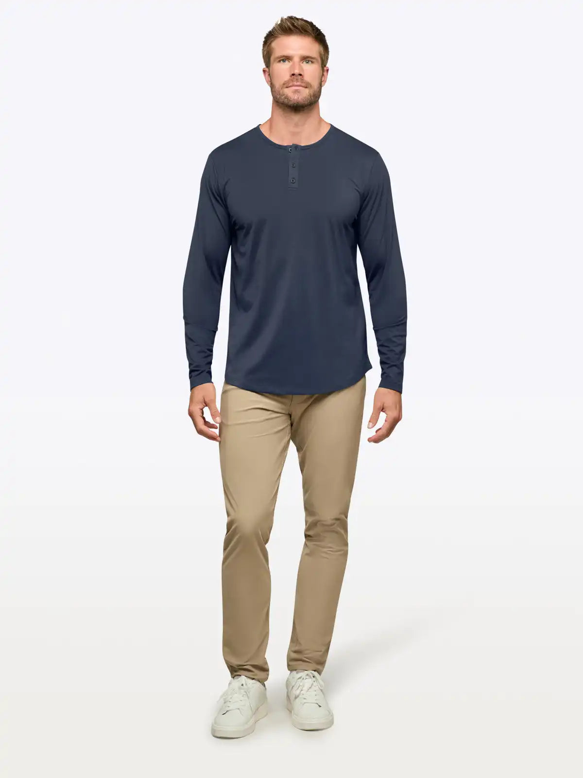 AO Long Sleeve Henley Curve-Hem | White Signature-fit PYCA Pro®