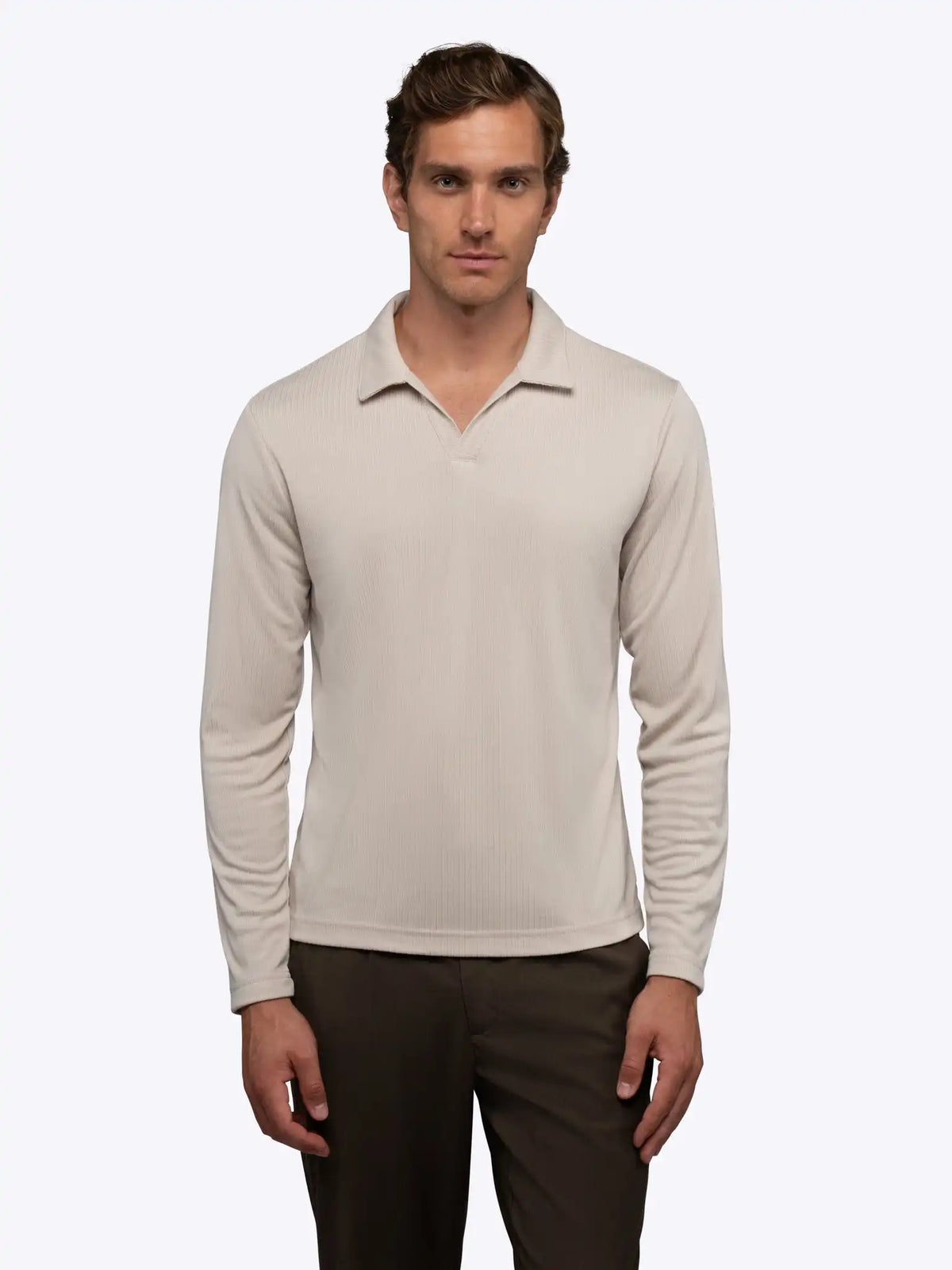 SoHo Ribbed Long Sleeve Polo | Sand Dune Signature-Fit