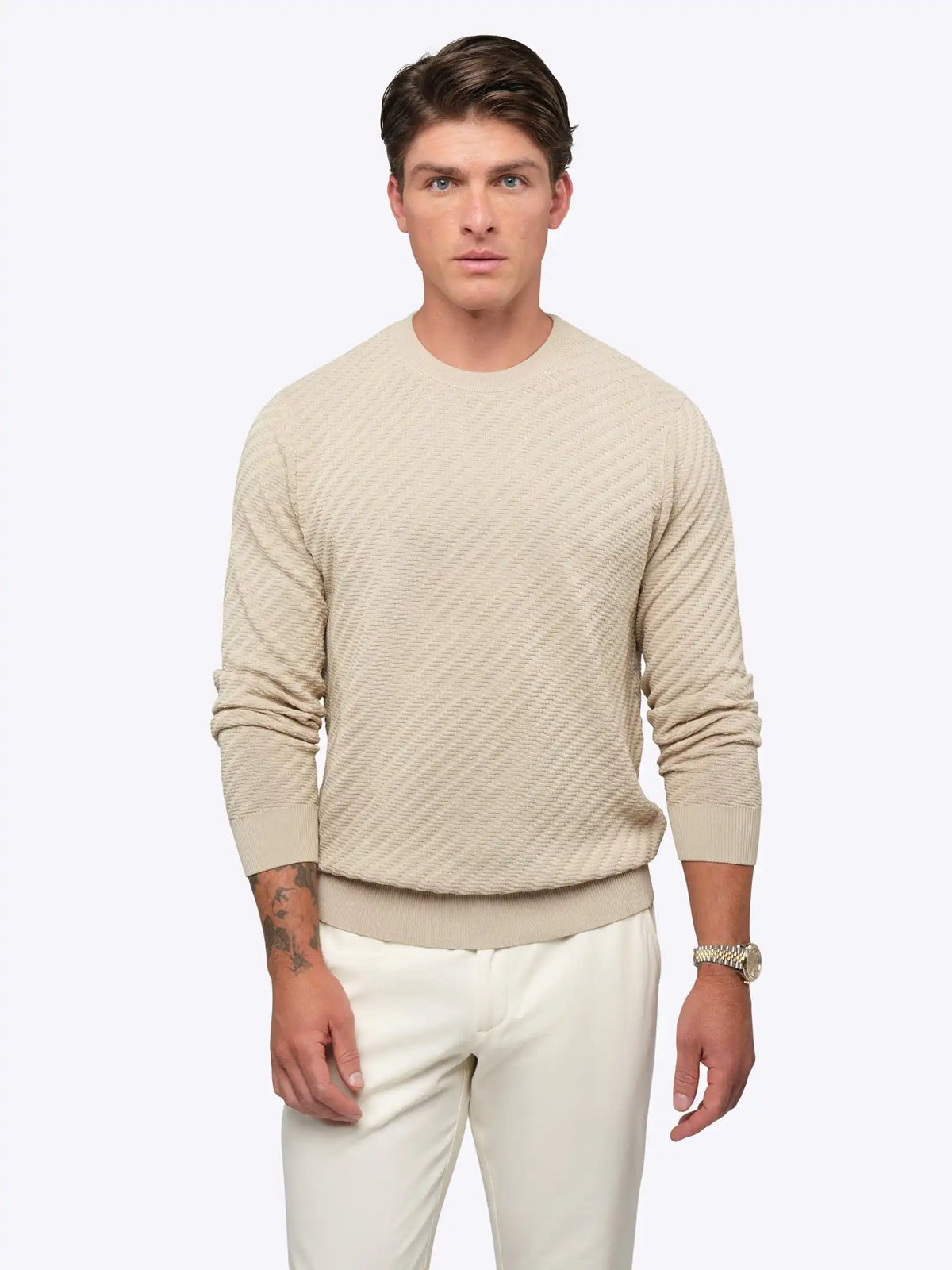 Riviera Knit Long Sleeve Textured Tee | Burnt Oak Signature-Fit